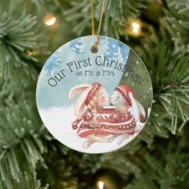 Onze eerste Kerstmis twee Cute Bunny Rabbits in Sn Keramisch Ornament