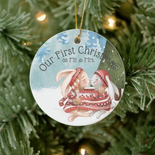Onze eerste Kerstmis twee Cute Bunny Rabbits in Sn Keramisch Ornament (Boom)