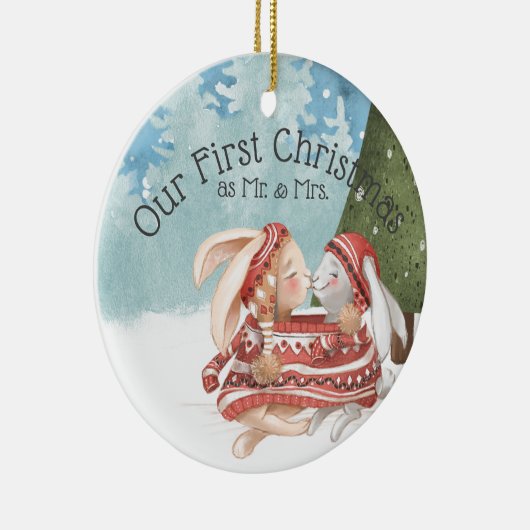 Onze eerste Kerstmis twee Cute Bunny Rabbits in Sn Keramisch Ornament (Rechts)