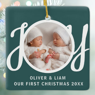 Onze Eerste Kerstmis Tweeling Foto Groene Aandenke Keramisch Ornament