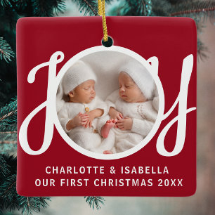 Onze Eerste Kerstmis Tweeling Foto Rode Aandenken Keramisch Ornament