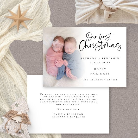 Onze eerste Kerstmis Twin Baby's aangepaste foto Feestdagenkaart