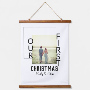 Onze Eerste Kerstmis voeg paar naam foto minimaal Hangend Wandkleed