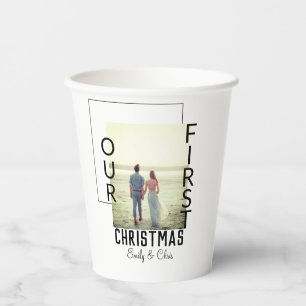 Onze Eerste Kerstmis voeg paar naam foto minimaal Papieren Bekers