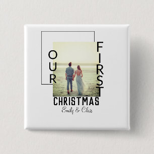 Onze Eerste Kerstmis voeg paar naam foto minimaal  Vierkante Button 5,1 Cm