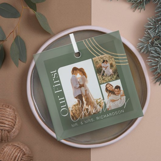 Onze eerste kerstmoderne Geometrische 3e foto Glas Ornament