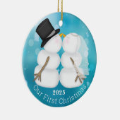 Onze eerste kerstNewywed Couple Snowman Foto Keramisch Ornament (Rechts)