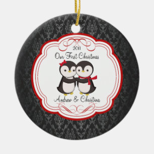 Onze eerste kerstornament Penguin Couple Keramisch Ornament