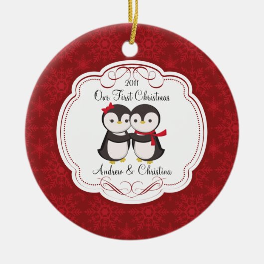 Onze eerste kerstornament Penguin Couple Keramisch Ornament (Voorkant)