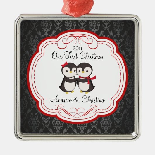 Onze eerste kerstornament Penguin Couple Metalen Ornament (Voorkant)