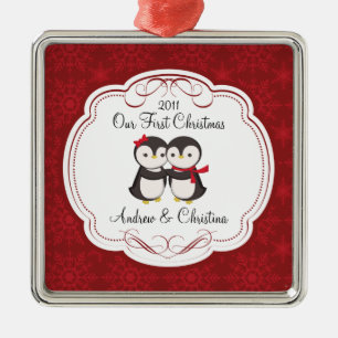Onze eerste kerstornament Penguin Couple Metalen Ornament