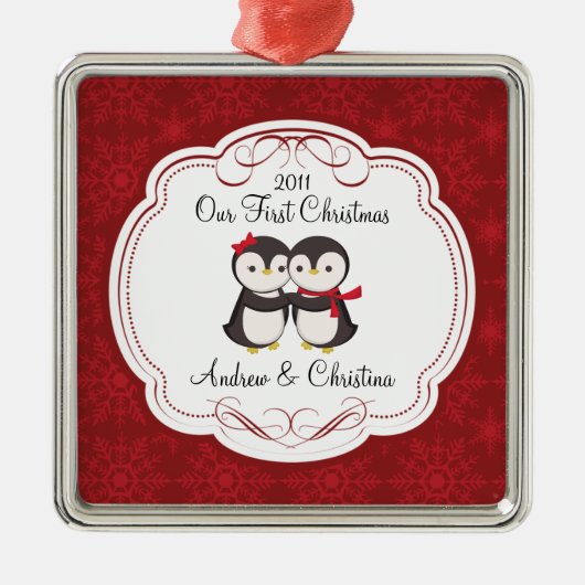 Onze eerste kerstornament Penguin Couple Metalen Ornament (Voorkant)