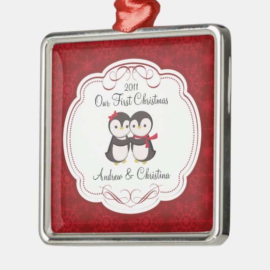 Onze eerste kerstornament Penguin Couple Metalen Ornament (Links)