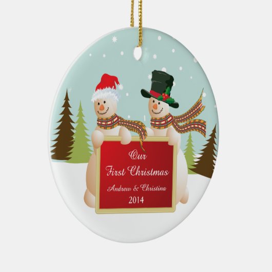 Onze eerste kerstornament Snowman Couple Keramisch Ornament (Rechts)