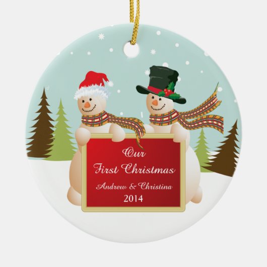 Onze eerste kerstornament Snowman Couple Keramisch Ornament (Voorkant)
