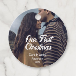 Onze eerste kerstpaar foto naam wit grijs bedankjes labels
