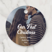 Onze eerste kerstpaar foto naam wit grijs bedankjes labels (Achterkant)