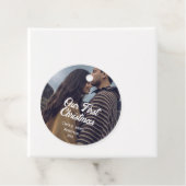 Onze eerste kerstpaar foto naam wit grijs bedankjes labels (In situ)