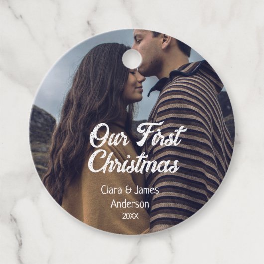 Onze eerste kerstpaar foto naam wit grijs bedankjes labels (Voorkant)