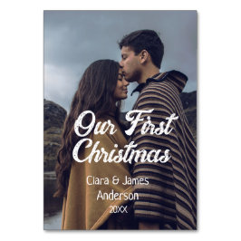 Onze eerste kerstpaar foto naam wit grijs kaart
