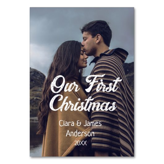 Onze eerste kerstpaar foto naam wit grijs kaart (Voorkant)