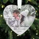 Onze eerste kerstparadepfoto S Ornament<br><div class="desc">Elegant Ons eerste kerstcadeautje Foto Heart Ornament - Silver Snowflake Back</div>