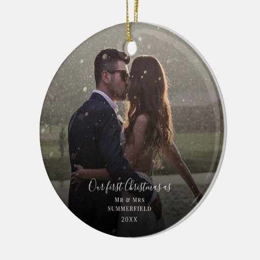 Onze eerste kerstparen bruiloft foto keramisch ornament (Links)