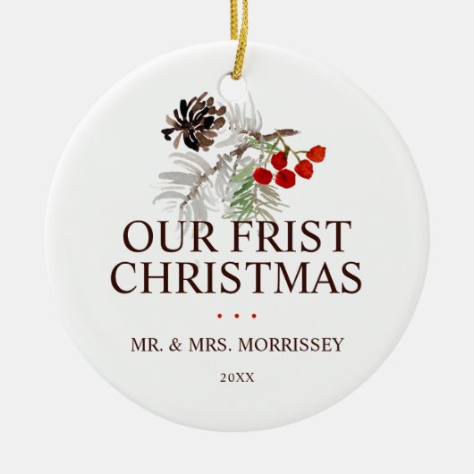 Onze eerste kerstpine Cone Berries Foto Keramisch Ornament (Voorkant)