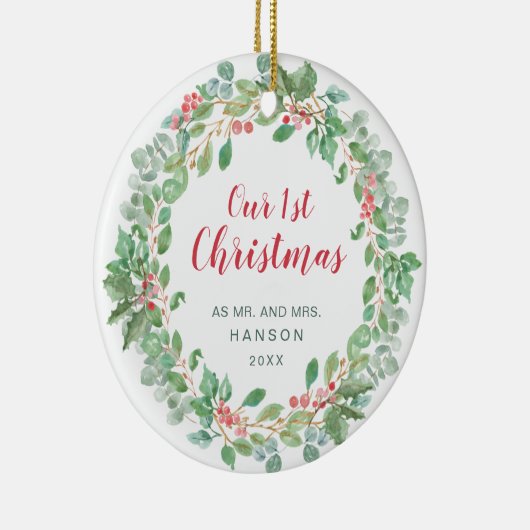 Onze eerste kerstrode, groene Pas getrouwd Keramisch Ornament (Rechts)