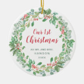 Onze eerste kerstrode, groene Pas getrouwd Keramisch Ornament (Voorkant)
