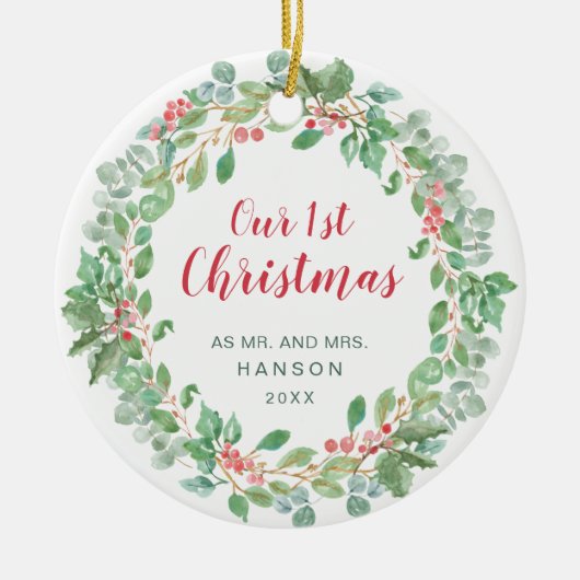 Onze eerste kerstrode, groene Pas getrouwd Keramisch Ornament (Voorkant)