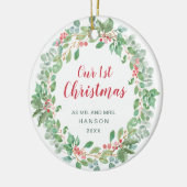 Onze eerste kerstrode, groene Pas getrouwd Keramisch Ornament (Links)
