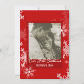 Onze eerste kerstrode sneeuwvlokken minimalistisch feestdagenkaart (Voorkant)