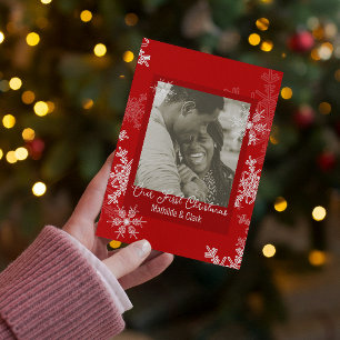 Onze eerste kerstrode sneeuwvlokken minimalistisch feestdagenkaart