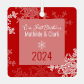 Onze eerste kerstrode sneeuwvlokken minimalistisch metalen ornament (Achterkant)