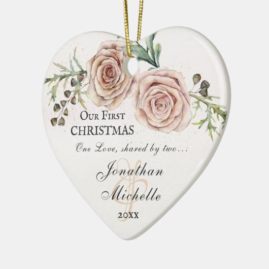 Onze eerste kerstroze bijbel keramisch ornament (Links)