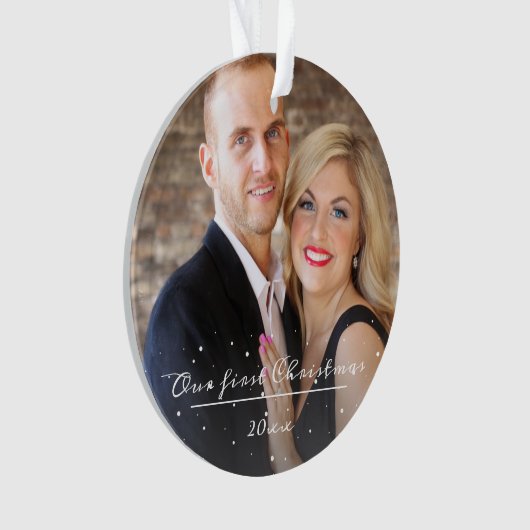 Onze eerste kerstscript bruiloft foto ornament (voorkant)