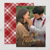 Onze eerste kerstscript Pas getrouwd Naam Tartan Feestdagenkaart (Voorkant / Achterkant)