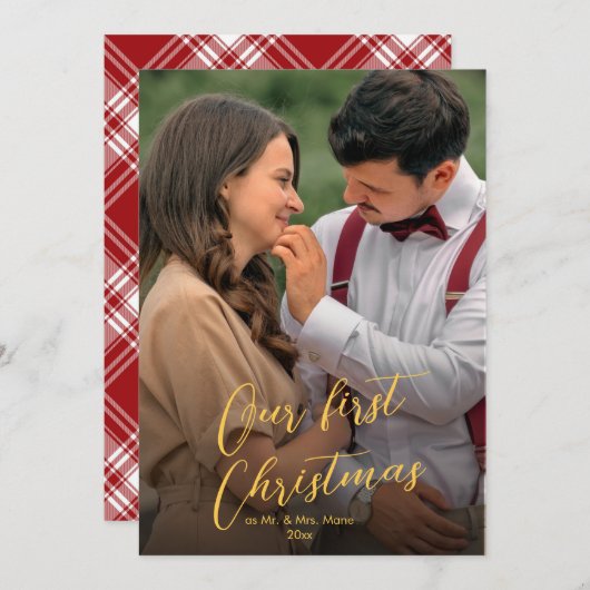 Onze eerste kerstscript Pas getrouwd Naam Tartan Feestdagenkaart (Voorkant / Achterkant)