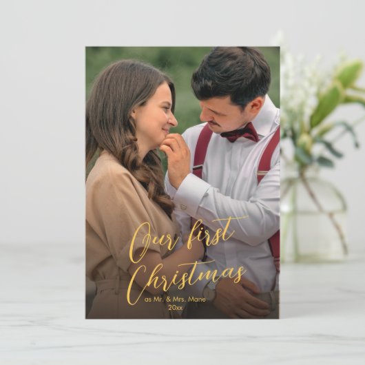 Onze eerste kerstscript Pas getrouwd Naam Tartan Feestdagenkaart (Staand voorkant)