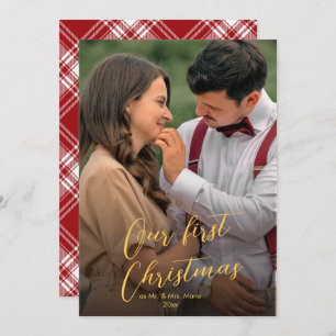 Onze eerste kerstscript Pas getrouwd Naam Tartan Feestdagenkaart