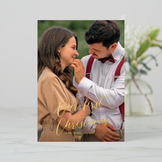Onze eerste kerstscript Pas getrouwd Naam Tartan H Folie Feestdagenkaart (Staand Voorkant)