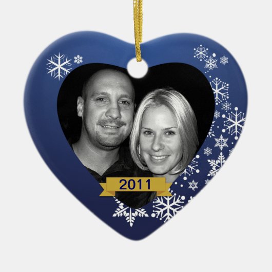 Onze eerste kerstsierblauwe sneeuwvlok op maat keramisch ornament (Voorkant)