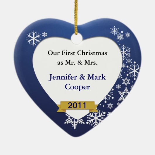 Onze eerste kerstsierblauwe sneeuwvlok op maat keramisch ornament (Achterkant)