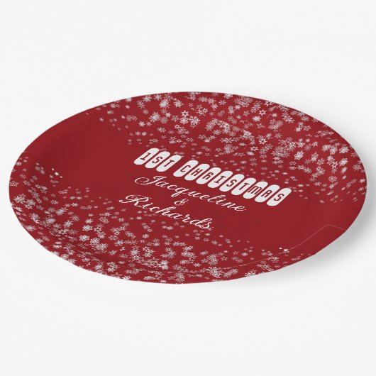 Onze eerste kerstsnowflakes Red Elegant Custom Papieren Bordje (Gekanteld)