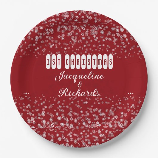 Onze eerste kerstsnowflakes Red Elegant Custom Papieren Bordje (Voorkant)
