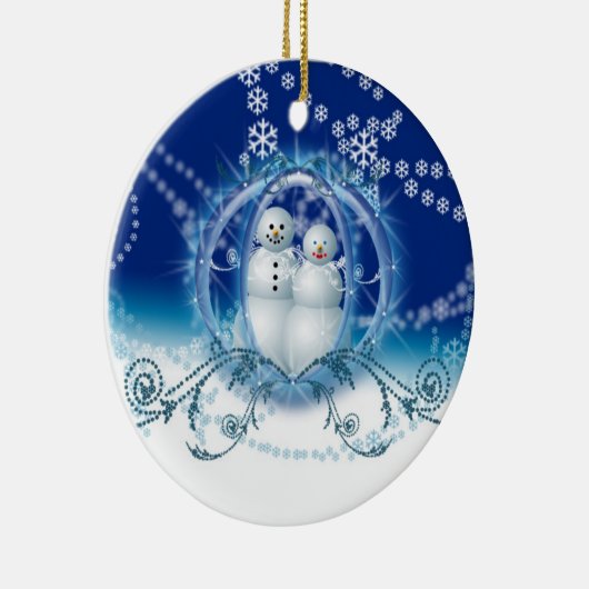 Onze eerste kerstsnowman-versieringen keramisch ornament (Rechts)