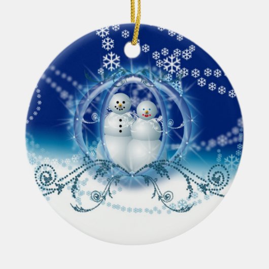 Onze eerste kerstsnowman-versieringen keramisch ornament (Voorkant)