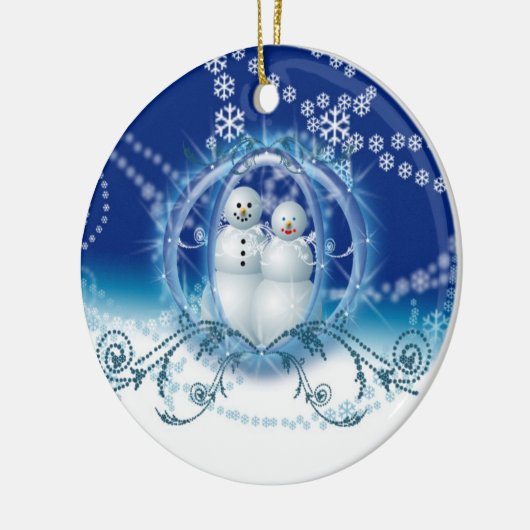 Onze eerste kerstsnowman-versieringen keramisch ornament (Links)