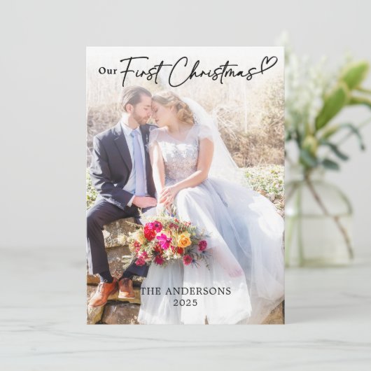 Onze eerste kerstvakantie bruiloft bedankkaart (Staand voorkant)
